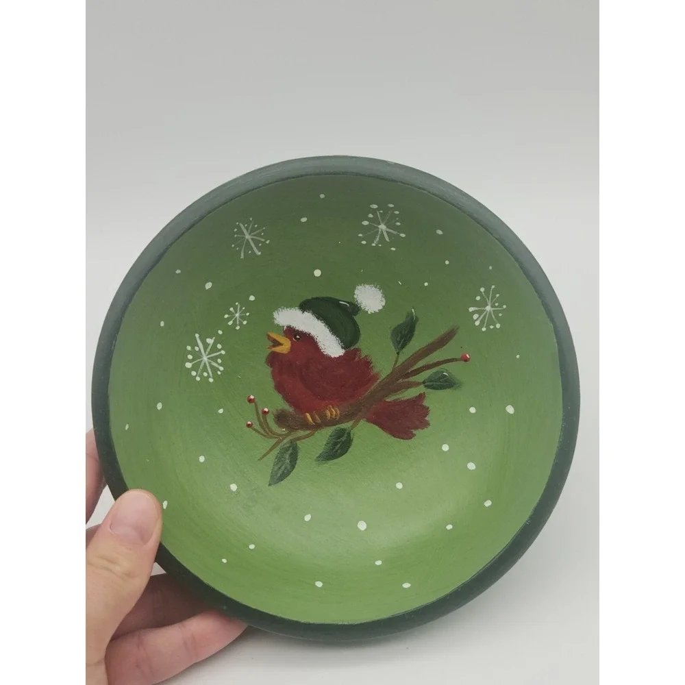 Wooden Bowl Hand Painted Christmas Cardinal Bird Santa Hat 6